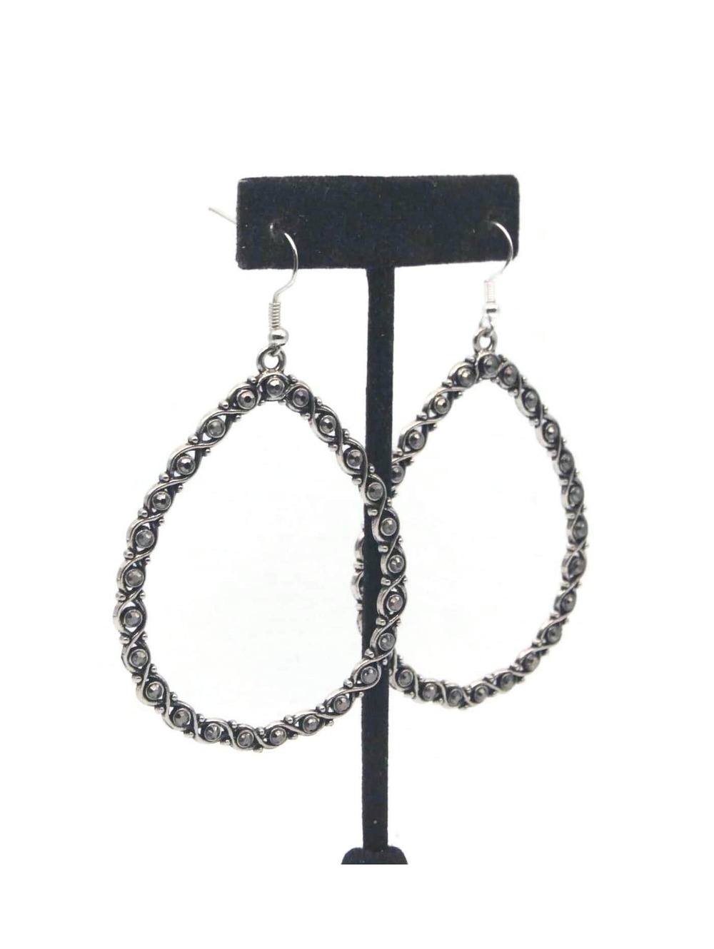 Large Earrings Vintage Silver Tone and Faux Hematite Teardrop Dangle Earrings.